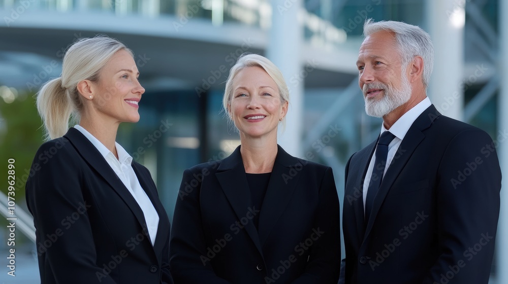 Group of three senior business professionals in formal attire having a discussion outdoors in modern corporate setting. Group of three senior business professionals in formal attire having a discussion outdoors in modern corporate setting.