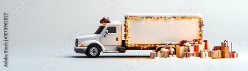 Festive delivery truck adorned with lights and surrounded by gift boxes.