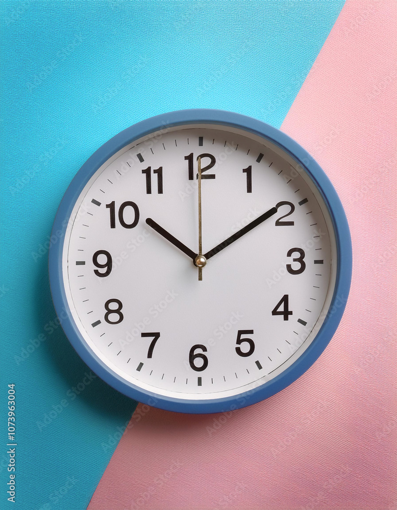Minimalist style wall clock, showing time at 10:00, isolated on a soft blue and Pink Pastel Minimalist style wall clock, showing time at 10:00, isolated on a soft blue and Pink Pastel