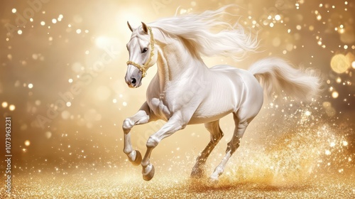 A golden horse galloping through an enchanting universe of shimmering gold particles