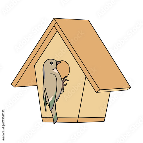 Wooden wildlife birdhouse and bird