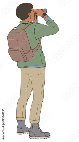 African American man watching with binoculars in outdoor clothes and backpack