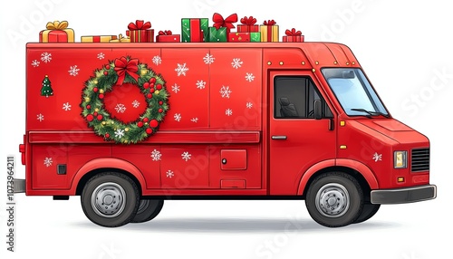Festive red delivery van adorned with Christmas wreath and gifts.