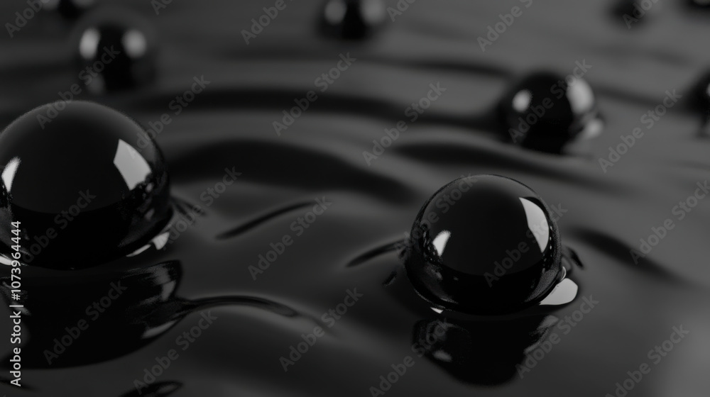 Close-up view of shiny black droplets on a smooth surface creating a mesmerizing pattern during a calm moment Close-up view of shiny black droplets on a smooth surface creating a mesmerizing pattern during a calm moment