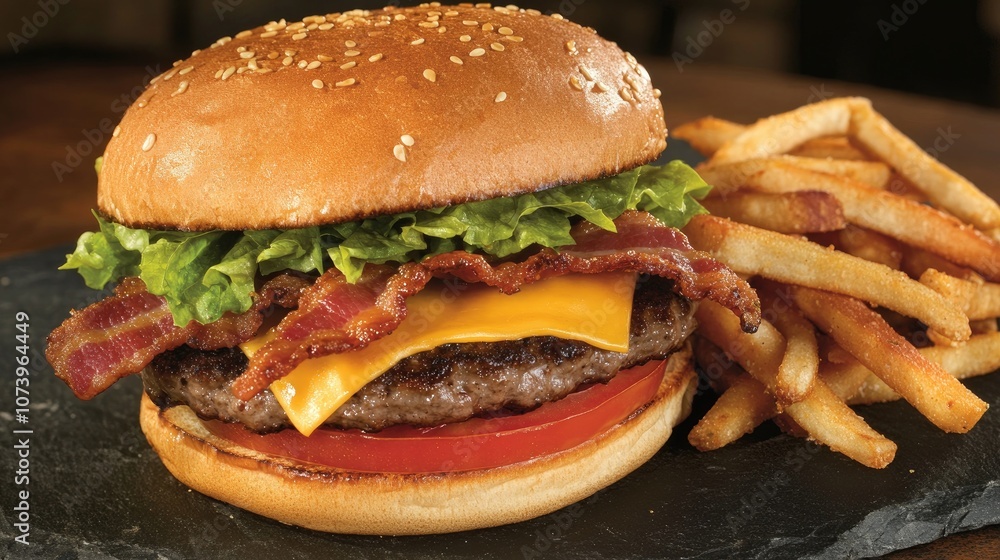 Fresh Cheeseburger with Crispy Bacon and Vegetables Fresh Cheeseburger with Crispy Bacon and Vegetables