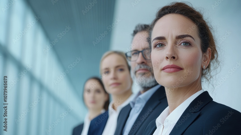 Professional business team standing confidently in a modern office corridor. Professional business team standing confidently in a modern office corridor.