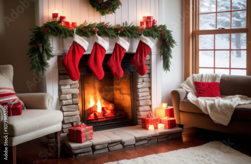 Bright and Cozy Christmas Fireplace with Stockings, Wreath, and Holiday Decorations. photo