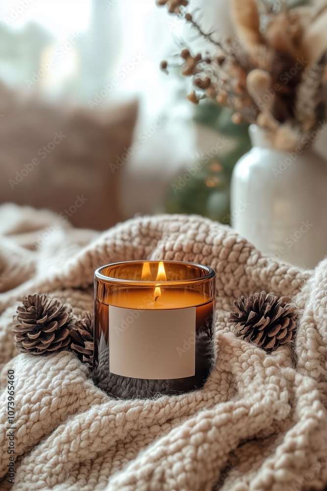 Cozy Autumn Scene with Lit Candle Surrounded by Pine Cones and Cozy Blankets in a Warmly Decorated Room Cozy Autumn Scene with Lit Candle Surrounded by Pine Cones and Cozy Blankets in a Warmly Decorated Room
