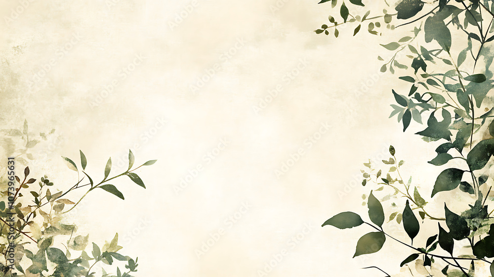 A soft, watercolor-style illustration of green leaves and flowers on the right side bordering an empty beige linen background with subtle texture details A soft, watercolor-style illustration of green leaves and flowers on the right side bordering an empty beige linen background with subtle texture details