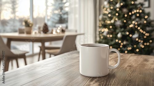 Wallpaper Mural Cozy White Cup on a Wooden Table with Christmas Tree in the Background, Perfect for Holiday Mornings Torontodigital.ca