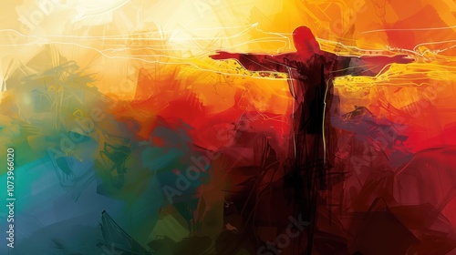 Abstract Depiction of Jesus Christ Embracing Mercy and Light in Vivid Colors and Dynamic Strokes