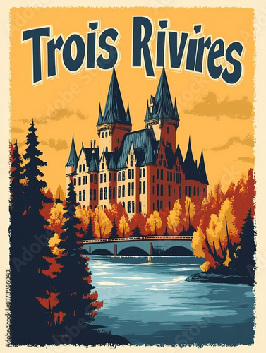 Trois Rivires, Canada, modern french vintage travel poster with bold title text. Cityscape and city skyline. Classic traditional. Clear, artistic, trendy photo