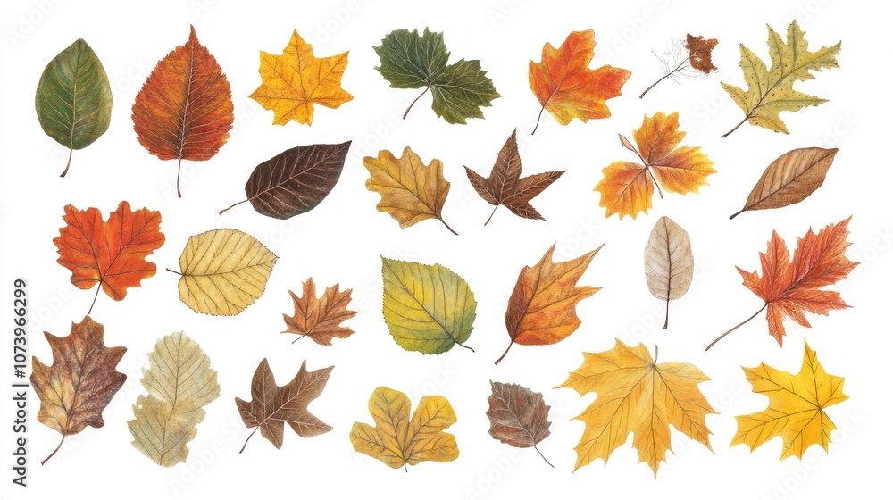 Obraz premium Colorful Autumn Leaves Collection on White Background