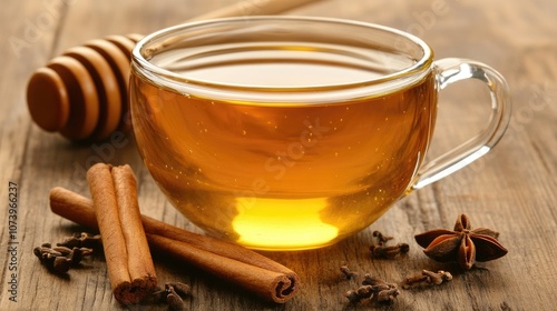 Delicate Glass Teacup with Golden Tea and Spices