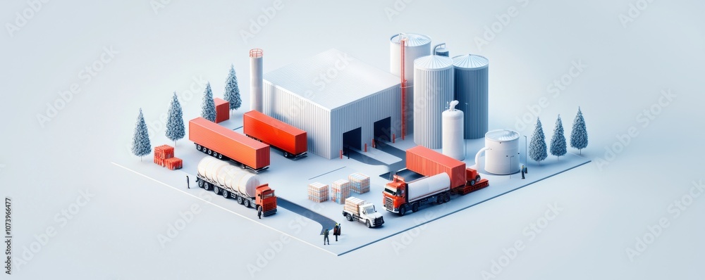 Obraz premium Isometric illustration of a logistics and warehouse facility with trucks and storage tanks on light background.