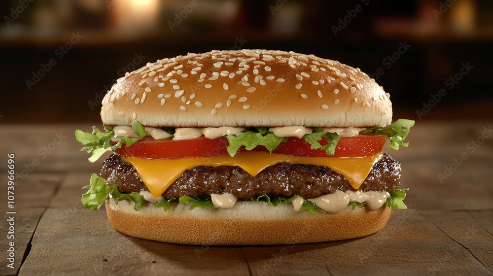 Tasty Hamburger with Layers of Beef and Fresh Vegetables Tasty Hamburger with Layers of Beef and Fresh Vegetables