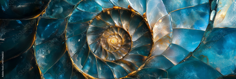 Vibrant Spiral Structure with Glassy Textures in Blue and Gold Vibrant Spiral Structure with Glassy Textures in Blue and Gold