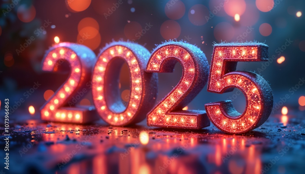 2025 New Year greeting card design. 3D render of text, numbers. Shiny, illuminated, glowing sign with lights. Concept for greeting card, flyer, poster, banner. 2025 New Year greeting card design. 3D render of text, numbers. Shiny, illuminated, glowing sign with lights. Concept for greeting card, flyer, poster, banner.