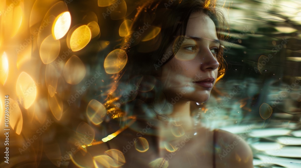 Side profile of a Caucasian woman with dark hair, illuminated by warm, golden bokeh, creating a moody and introspective ambiance Side profile of a Caucasian woman with dark hair, illuminated by warm, golden bokeh, creating a moody and introspective ambiance