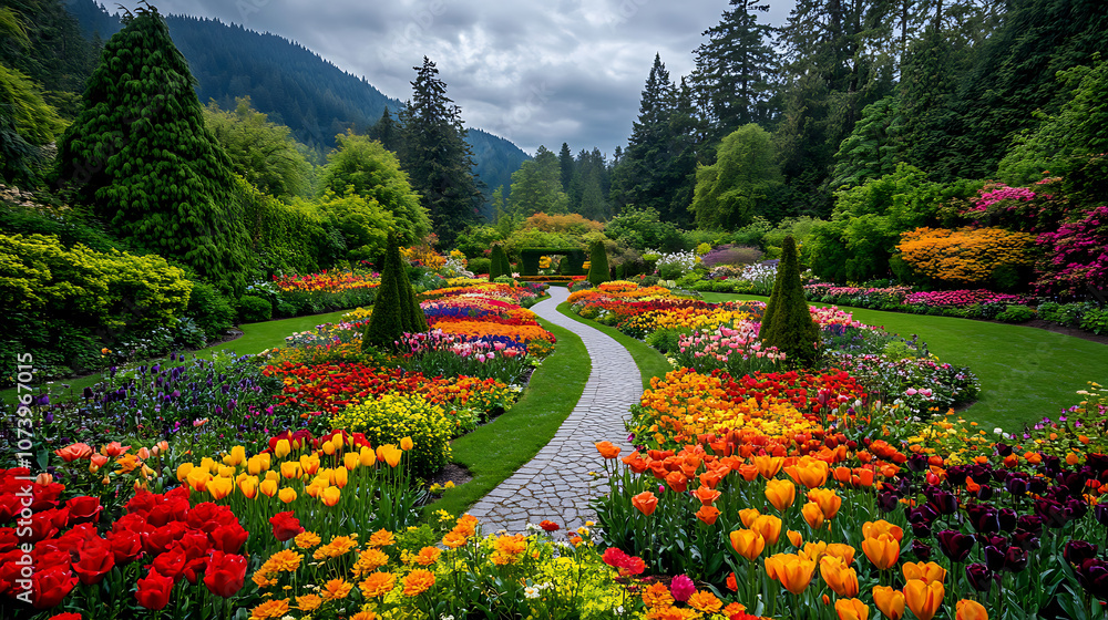 Obraz premium Beautiful flower garden with colorful flowers and lush greenery, surrounded by trees and shrubs path leading to the center of view is lined on both sides with various blooming plants