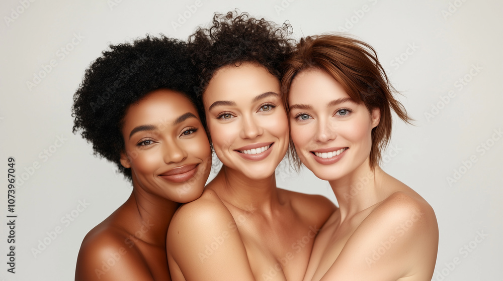 Three women with different skin tones, studio photo Three women with different skin tones, studio photo