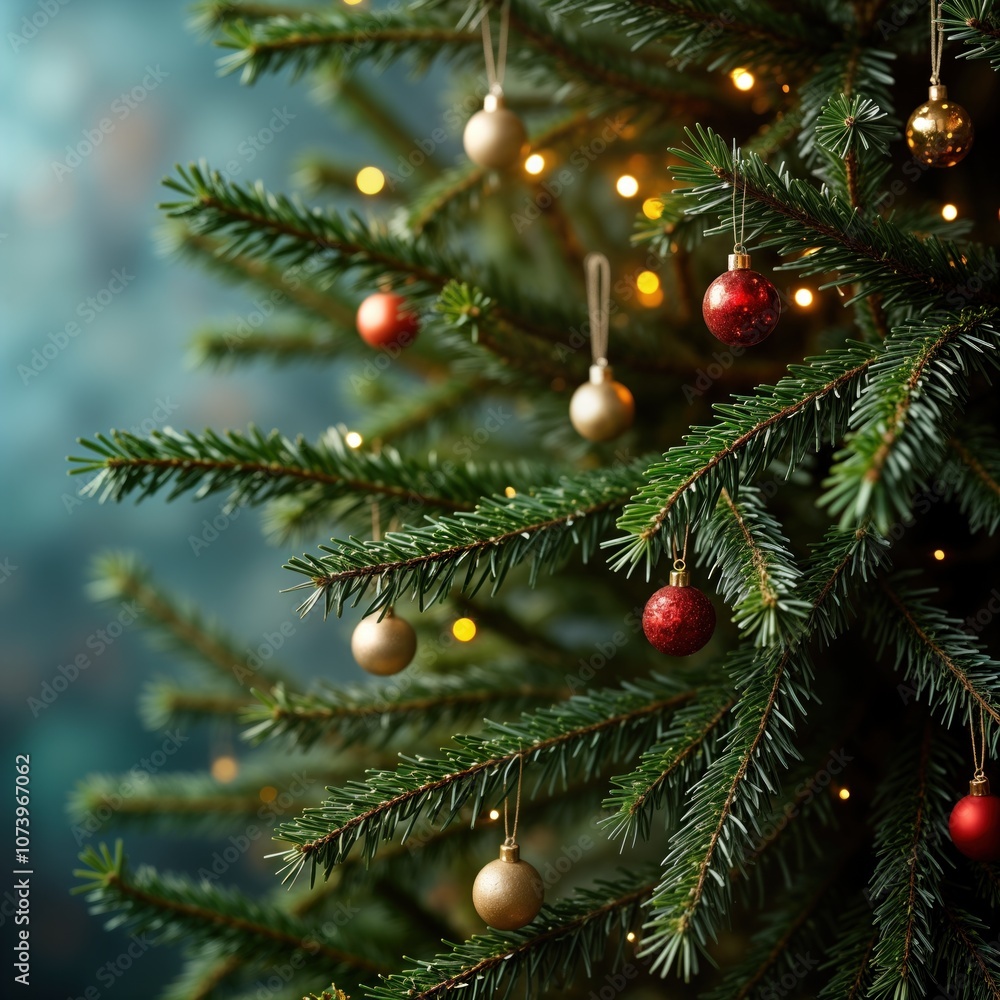 Green pine tree branch with red, gold Christmas ornaments. Christmas lights twinkle in background. Rustic New Year celebration holiday concept. Use image for greeting card, website, social media, Green pine tree branch with red, gold Christmas ornaments. Christmas lights twinkle in background. Rustic New Year celebration holiday concept. Use image for greeting card, website, social media,