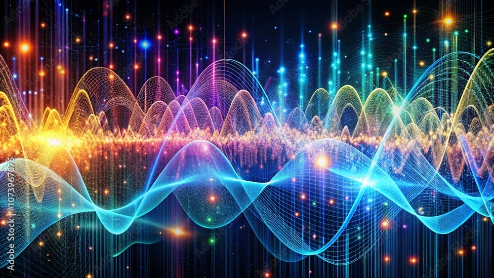 Obraz premium An abstract visualization of podcast audio frequencies intertwining with digital data streams, symbolizing digital-age communication
