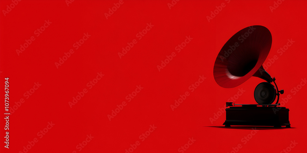 An isolated gramophone icon located on the right side, standing out against a vivid red panorama with room for text --ar 3:2 --s 50 An isolated gramophone icon located on the right side, standing out against a vivid red panorama with room for text --ar 3:2 --s 50