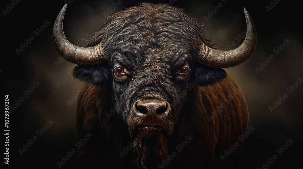 Painting of a Bison With Majestic Horns. Generative AI. Painting of a Bison With Majestic Horns. Generative AI.