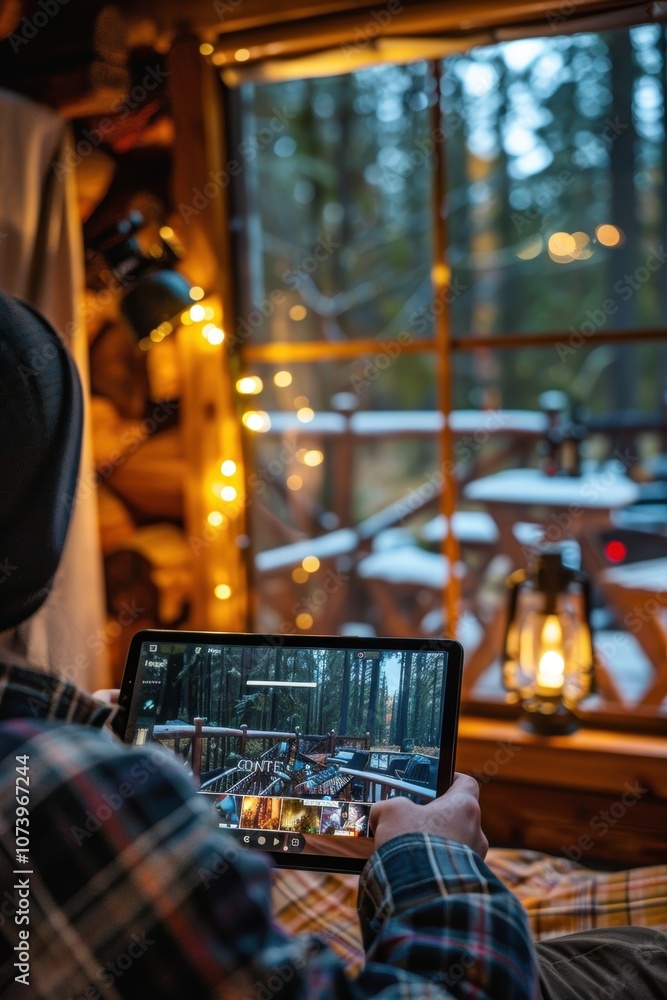 Remote Work and Charity Event Planning in Cozy Cabin Setting with Tablet Remote Work and Charity Event Planning in Cozy Cabin Setting with Tablet