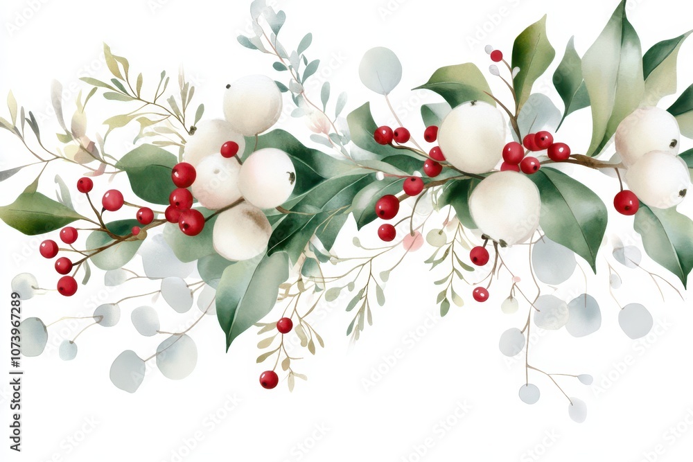Naklejka premium A minimalistic watercolor clip art of mistletoe with green leaves and red berries on a white background