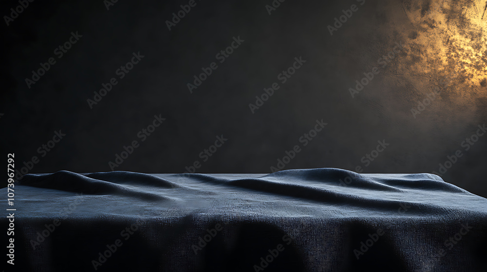Black background with soft light on the right side illuminating grey table cloth Black background with soft light on the right side illuminating grey table cloth
