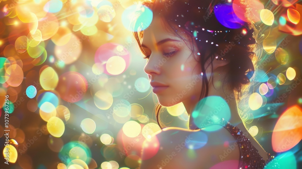 Profile of a young woman with dark hair, possibly of mixed ethnicity, surrounded by vibrant bokeh lights in shades of blue, pink, yellow, and green. Her closed eyes and relaxed expression Profile of a young woman with dark hair, possibly of mixed ethnicity, surrounded by vibrant bokeh lights in shades of blue, pink, yellow, and green. Her closed eyes and relaxed expression