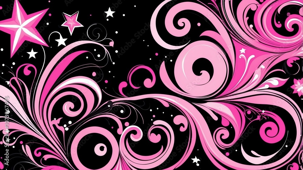 Cute pink and black swirls with stars background Cute pink and black swirls with stars background