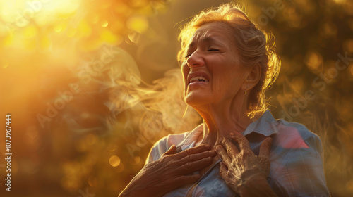 Senior Woman Experiencing Breathlessness in a Sunlit Outdoor Setting for Health Awareness