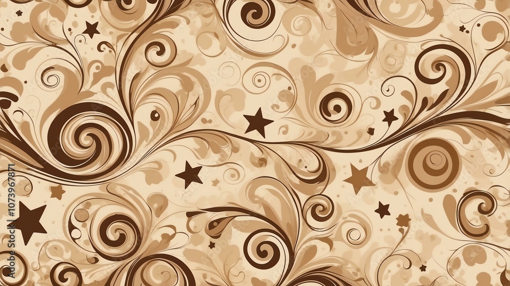 Cute brown and beige swirls with stars background Cute brown and beige swirls with stars background