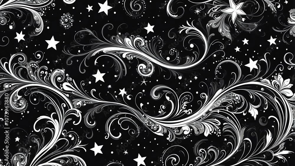 Cute black and white swirls with stars background Cute black and white swirls with stars background