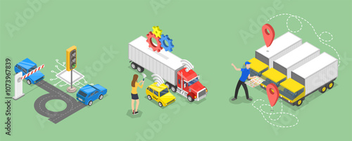 3D Isometric Flat Vector Illustration of Logistics and Technologies, Smart Car System