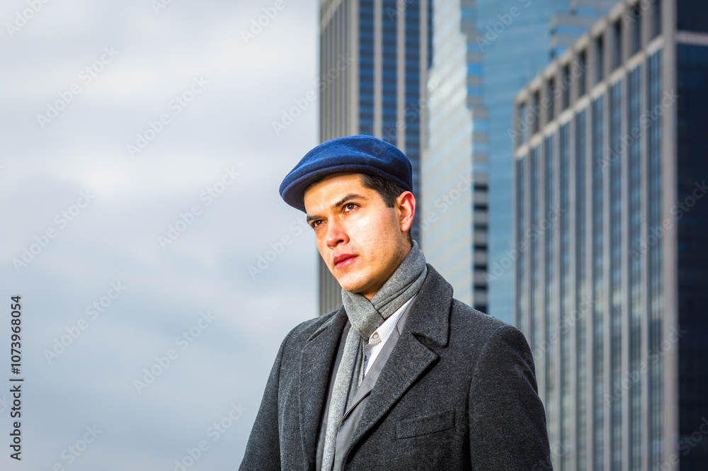 A man dressed in a gray coat and blue flat cap gazes thoughtfully, with tall modern buildings towering behind him. The overcast sky adds a moody atmosphere to the urban scene.
