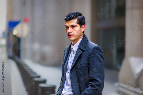 Obraz na płótnie A man in a formal coat stands thoughtfully on a city street, surrounded by blurred buildings and bollards. He has dark hair and an alert expression, suggesting he's deep in thought. w salonie