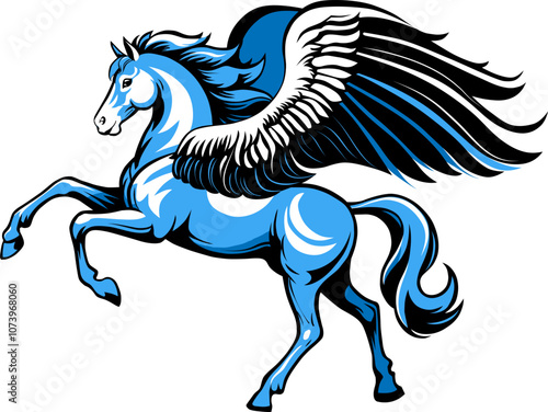a mythological stylized pegasus, the winged horse, in blue white and black raised on its hind legs