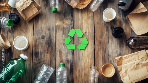 Recycling concept with assorted waste on wooden background photo