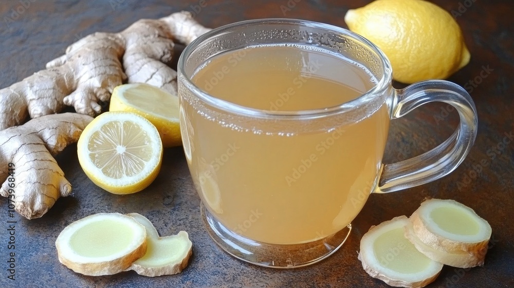 High Angle View of Teacup with Lemon and Ginger High Angle View of Teacup with Lemon and Ginger