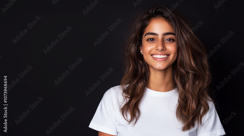 Smiling woman in white t-shirt against black background Smiling woman in white t-shirt against black background