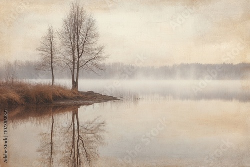 Fog Over a Serene Lake: A still lake reflecting the surrounding fog and a solitary tree on the shoreline. 