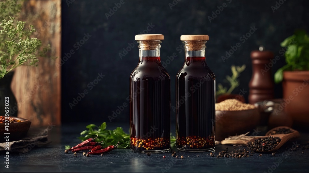 Minimalist Arrangement of Condiments in Glass Bottles Minimalist Arrangement of Condiments in Glass Bottles
