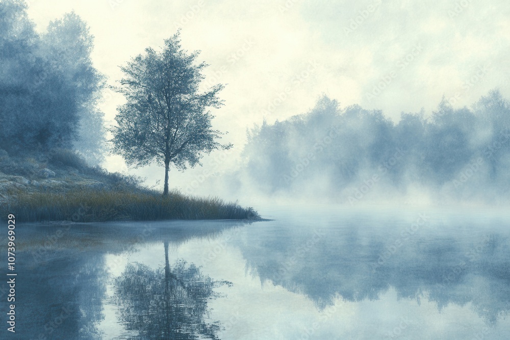 Fog Over a Serene Lake: A still lake reflecting the surrounding fog and a solitary tree on the shoreline. Fog Over a Serene Lake: A still lake reflecting the surrounding fog and a solitary tree on the shoreline.