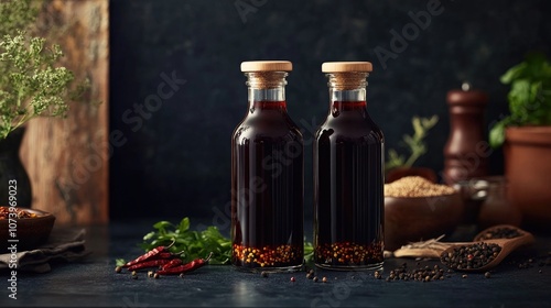 Minimalist Arrangement of Condiments in Glass Bottles