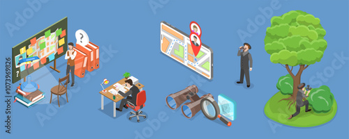 3D Isometric Flat Vector Illustration of Private Investigating, Crime-Solving Adventures