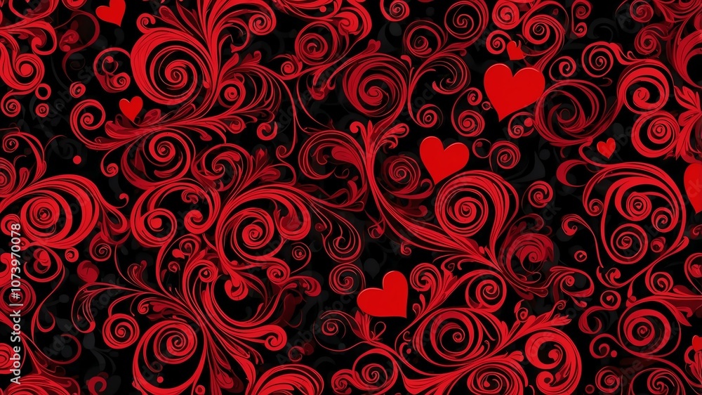 Cute red and black swirls with hearts background Cute red and black swirls with hearts background